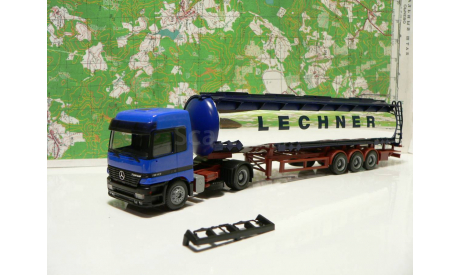 MB Actros L MP1 с бочкой цистерной Lechner Herpa 1/87 HO, масштабная модель, Mercedes-Benz, 1:87