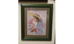 Картина ’Девушка в шляпе’ Неизвестный художник 1990е гг. Антиквариат Винтаж 29 х 35 см