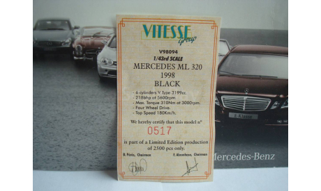 Mercedes - Benz ML 320 1998 год ( W163 ), масштабная модель, 1:43, 1/43, Vitesse, Mercedes-Benz