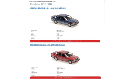 Mercedes 230 E красный мет.  (W124) Minichamps  1/43, масштабная модель, scale43, Mercedes-Benz