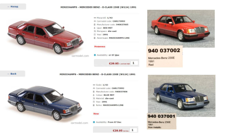 Mercedes 230 E красный мет.  (W124) Minichamps  1/43, масштабная модель, scale43, Mercedes-Benz
