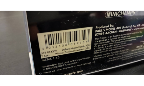 Dallara Mugen Honda F301 2001 Minichamps, масштабная модель, scale43