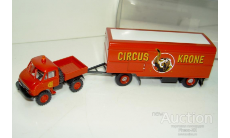 1/87 Mercedes-Benz Unimog 411 Pritsche mit Anhanger ’Circus Krone’ (Brekina), масштабная модель, scale87