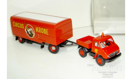 1/87 Mercedes-Benz Unimog 411 Pritsche mit Anhanger ’Circus Krone’ (Brekina), масштабная модель, scale87