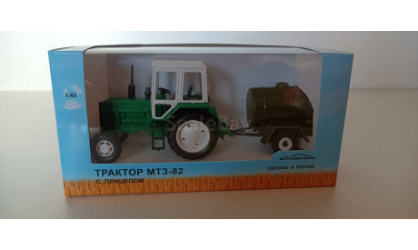 Трактор МТЗ-82 (пластик, зеленый) с прицепом бочка(зеленый) 1:43 160029, масштабная модель трактора, 1/43