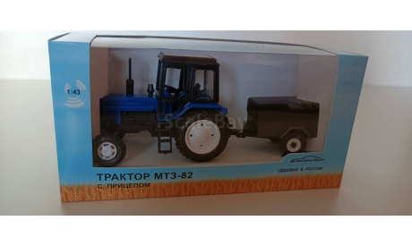 Трактор МТЗ-82 синий (капот металл-шасси пластик) с прицепом ’Тантал-8109’ 1:43 160220 03, масштабная модель трактора, 1/43