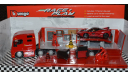 FERRARI Truck F1 Car Transporter Team Ferrari Corse Clienti With Set Fxx-k N10 (2015) + Figure Service Mobile Mechanic, Red, масштабная модель, BBurago, scale43