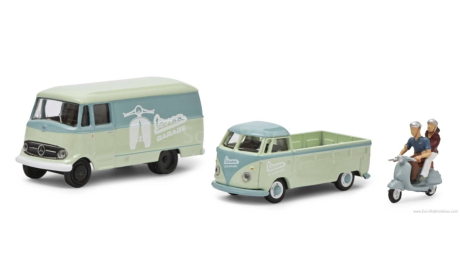 1 87 Set ’VESPA’ (MB L319 Kasten, VW T1 Pritsche und 1 Vespa mit 2 Figuren), масштабная модель, Volkswagen, Schuco, scale87