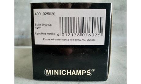 Minichamps BMW 2000 CS COUPE - 1967 - LIGHT BLUE METALLIC L.E. 3024 pcs., масштабная модель, scale43