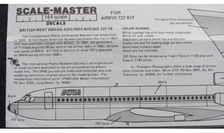 Декаль Boeing 727 - 78 British West Indian Airlines     Scale –Master  SM-5 1/144, масштабные модели авиации, Scale – Master, scale144