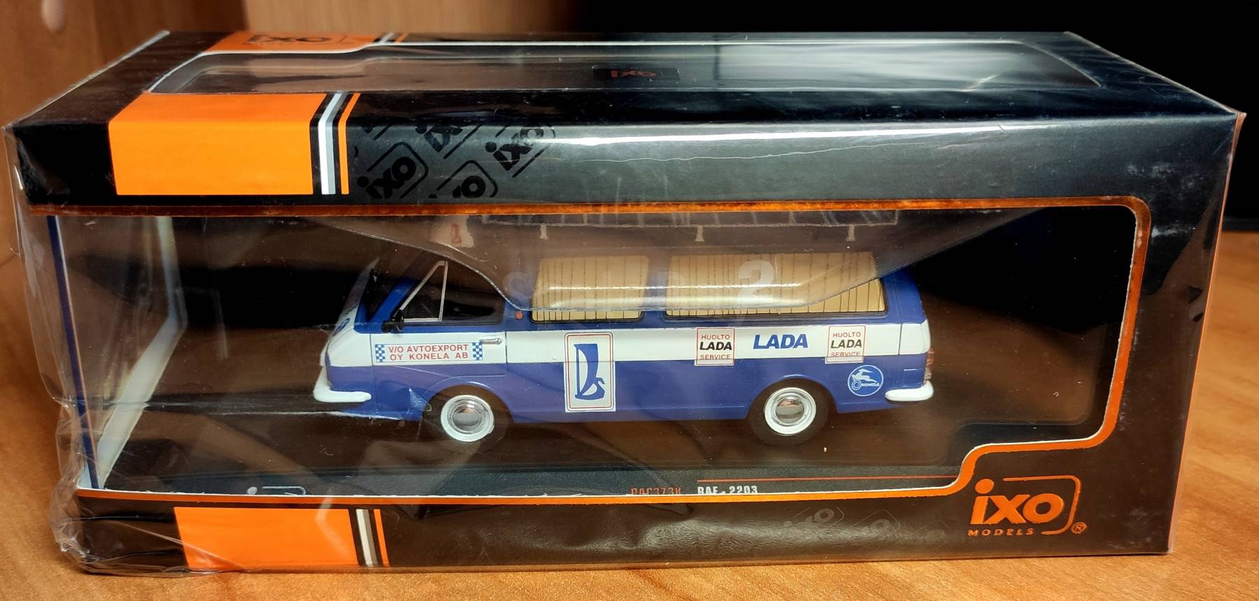 A collectible scale model RAF-2203 Rally Service from IXO